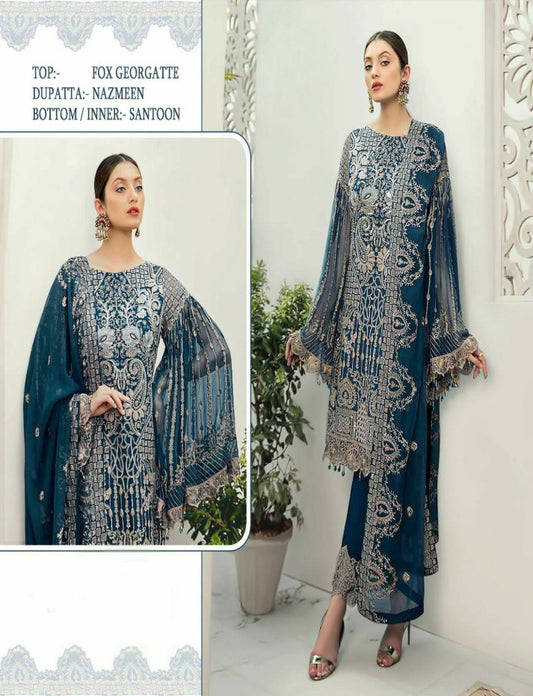 Women's Blue Faux Georgette Semi Stitched Top With Santoon Unstitched Bottom and Nazmin Dupatta Embroidery work Dress Material