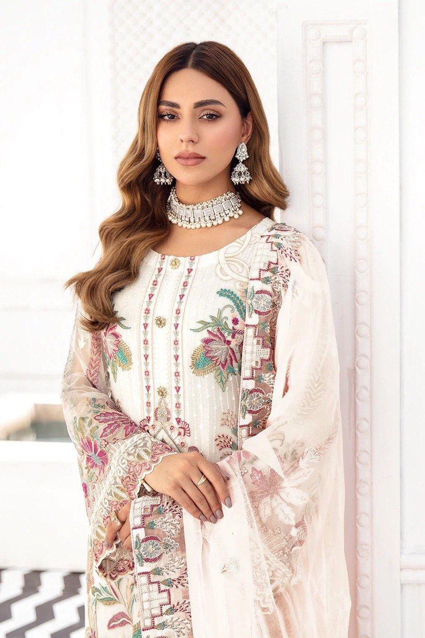 Women's White Faux Georgette Semi Stitched Top With Bottom and Nazmin Dupatta Embroidered Straight Top Dress Material