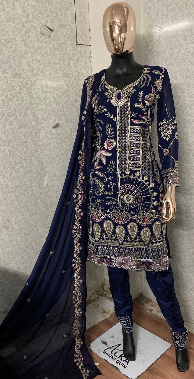 Women's Blue Faux Georgette Semi Stitched Top With Santoon Unstitched Bottom and Nazmin Dupatta Embroidery work Dress Material