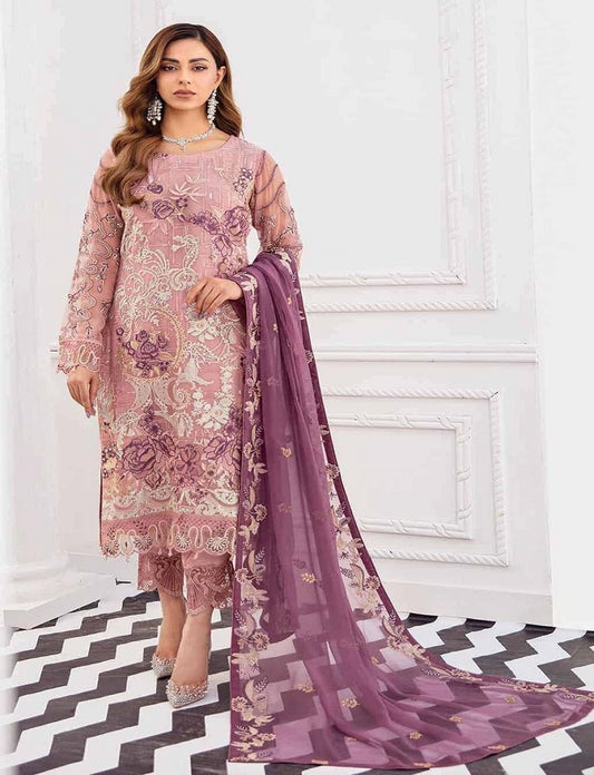 Women's Purple Faux Georgette Semi Stitched Top With Bottom and Nazmin Dupatta Embroidered Straight Top Dress Material