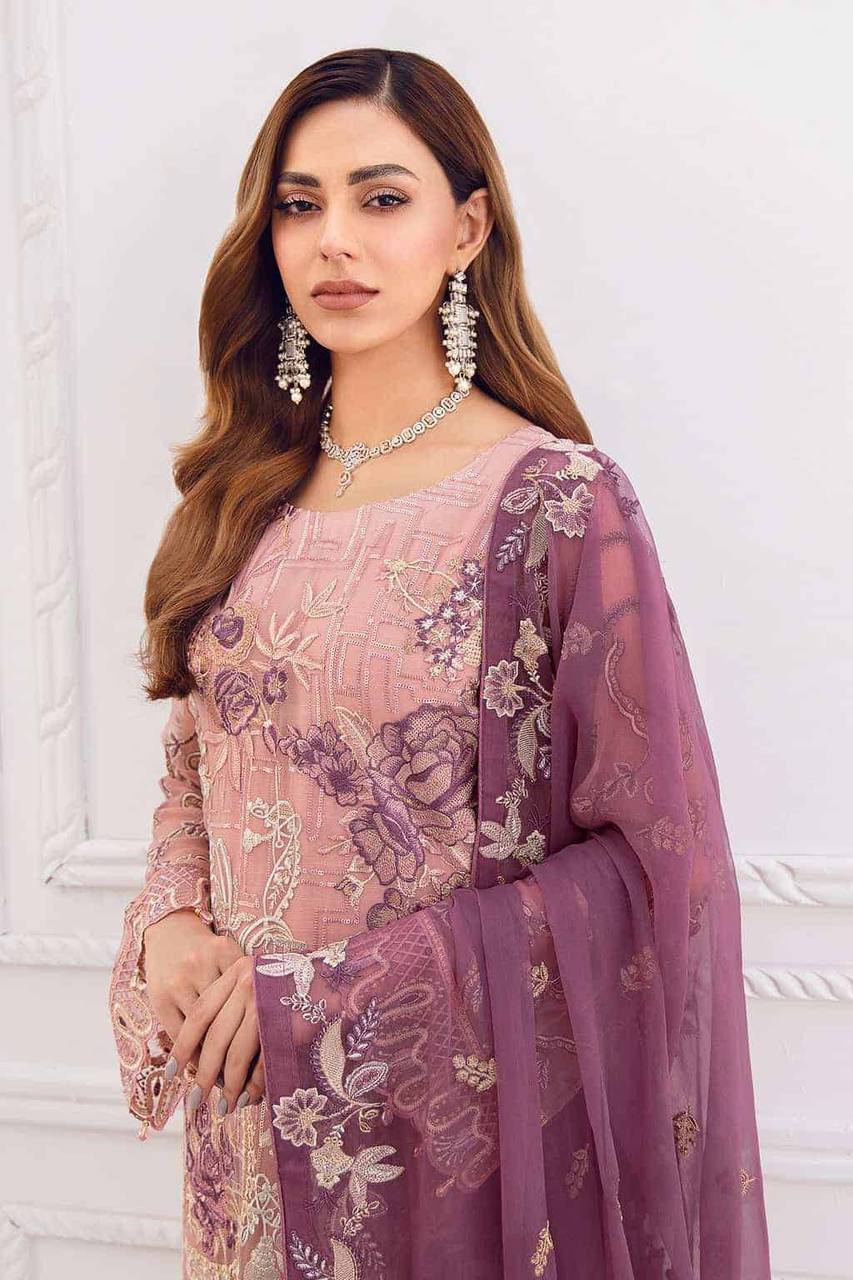 Women's Purple Faux Georgette Semi Stitched Top With Bottom and Nazmin Dupatta Embroidered Straight Top Dress Material