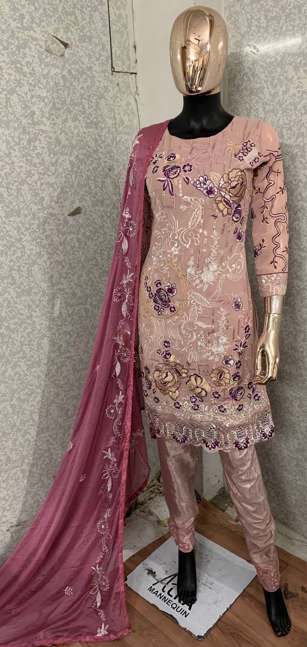 Women's Purple Faux Georgette Semi Stitched Top With Bottom and Nazmin Dupatta Embroidered Straight Top Dress Material