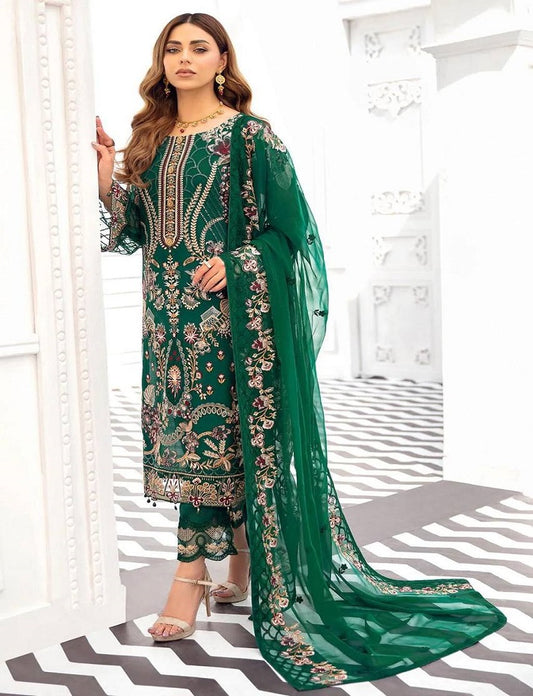 Women's Green Faux Georgette Semi Stitched Top With Santoon Unstitched Bottom and Nazmin Dupatta Embroidery work Dress Material