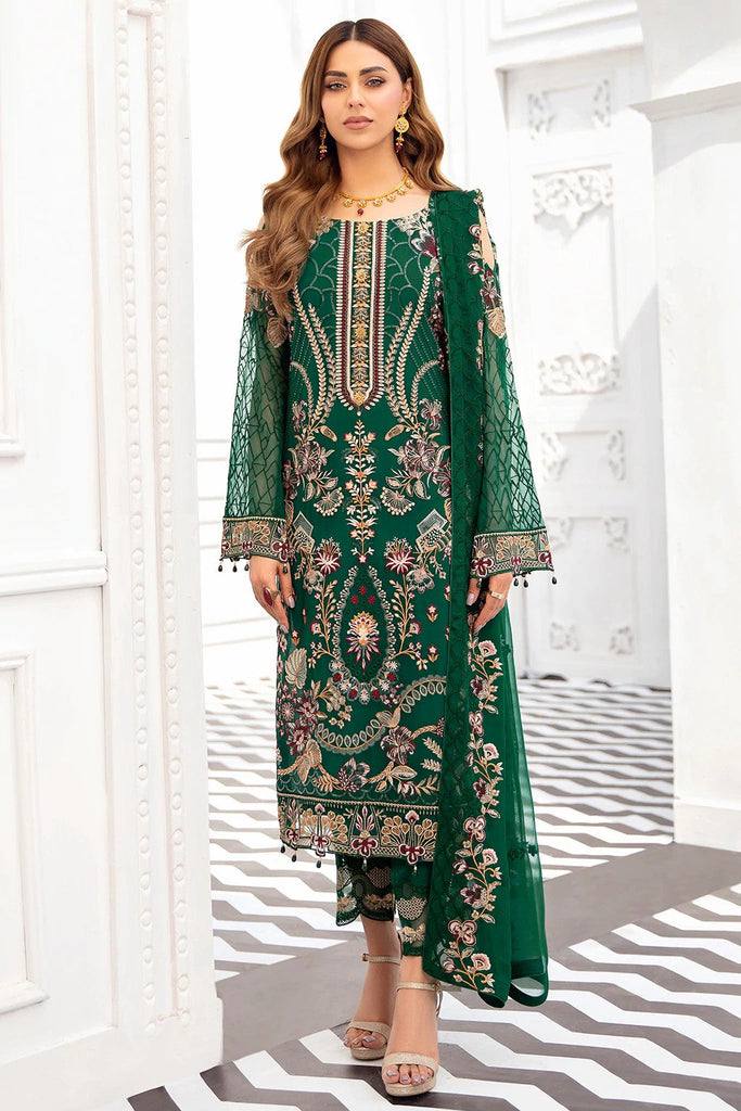 Women's Green Faux Georgette Semi Stitched Top With Santoon Unstitched Bottom and Nazmin Dupatta Embroidery work Dress Material