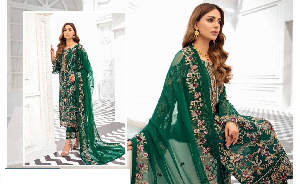 Women's Green Faux Georgette Semi Stitched Top With Santoon Unstitched Bottom and Nazmin Dupatta Embroidery work Dress Material