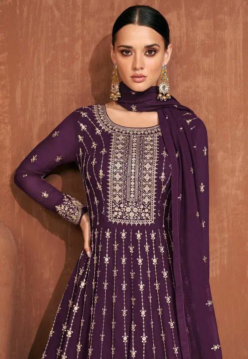 Women's Purple Faux Georgette Stitched Top With Stitched Faux Georgette Bottom and Nazmin Dupatta Full Sleeve Embroidered A-line Top