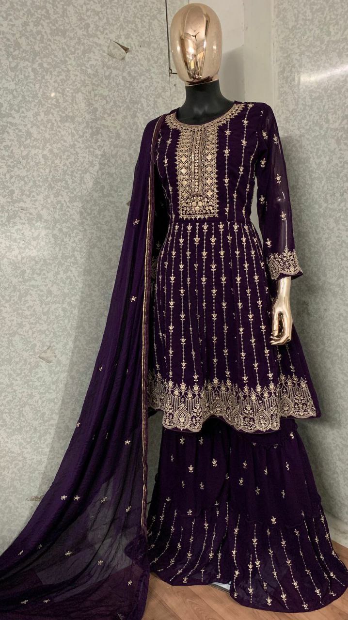 Women's Purple Faux Georgette Stitched Top With Stitched Faux Georgette Bottom and Nazmin Dupatta Full Sleeve Embroidered A-line Top