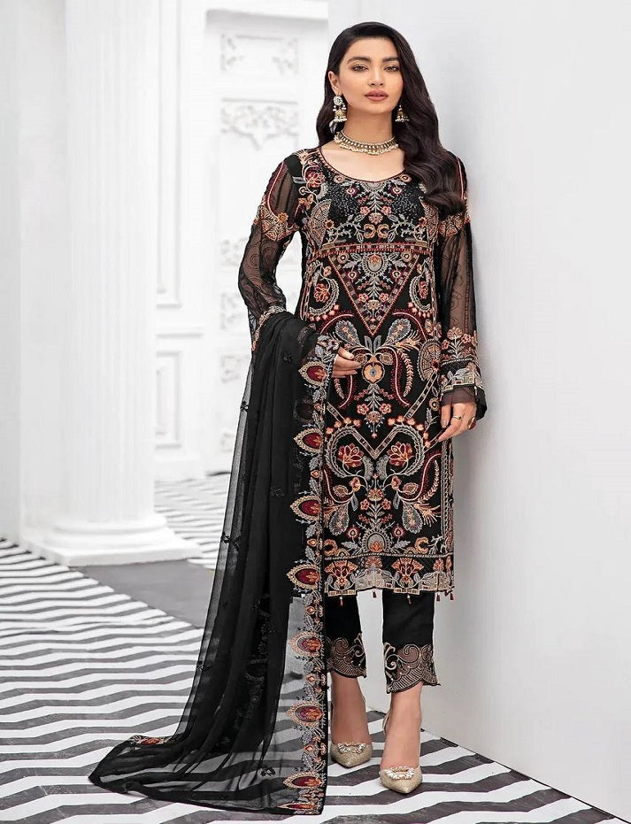 Black Colorful Pakistani Salwar Kameez Ready Made Designer Satin Silk Georgette Embroidered Shalwar Kameez Suit With Heavy Worked Dupatta