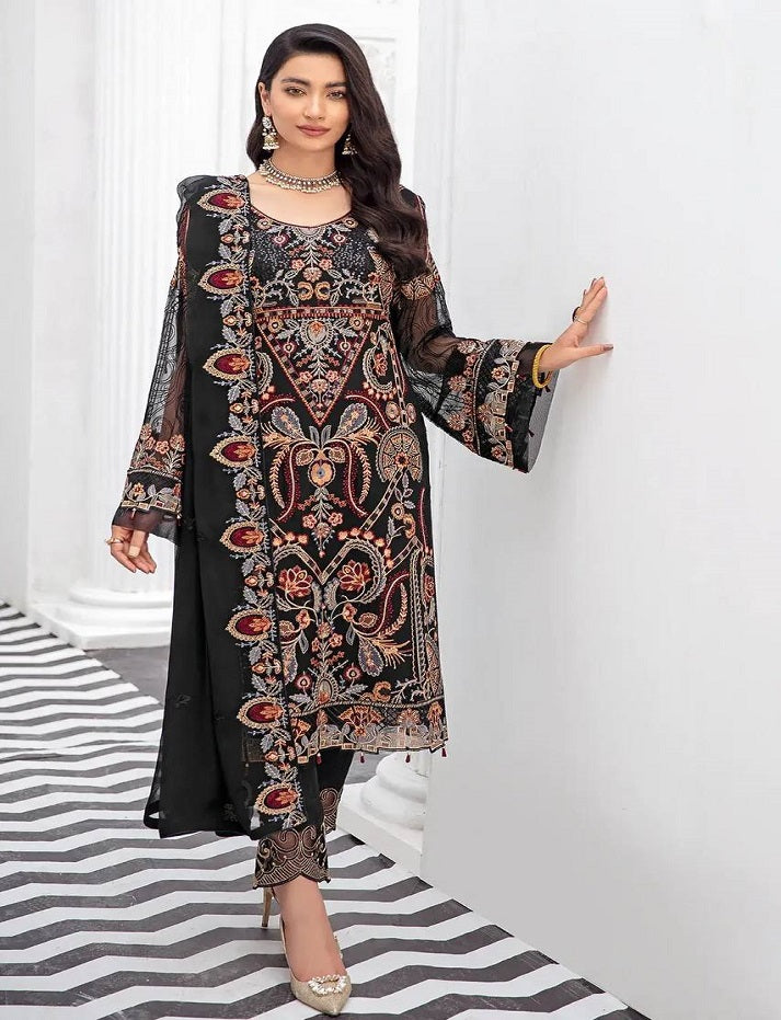 Black Colorful Pakistani Salwar Kameez Ready Made Designer Satin Silk Georgette Embroidered Shalwar Kameez Suit With Heavy Worked Dupatta