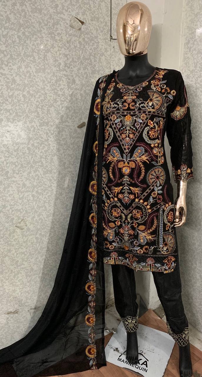 Black Colorful Pakistani Salwar Kameez Ready Made Designer Satin Silk Georgette Embroidered Shalwar Kameez Suit With Heavy Worked Dupatta