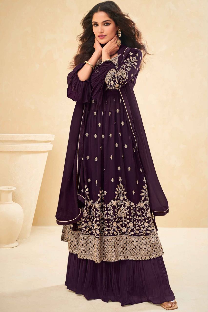 Dark Wine Designer Party Wear Georgette Gown And Georgette Dupatta With Sequence embroidery Work Anarkali Gown Dress For Women