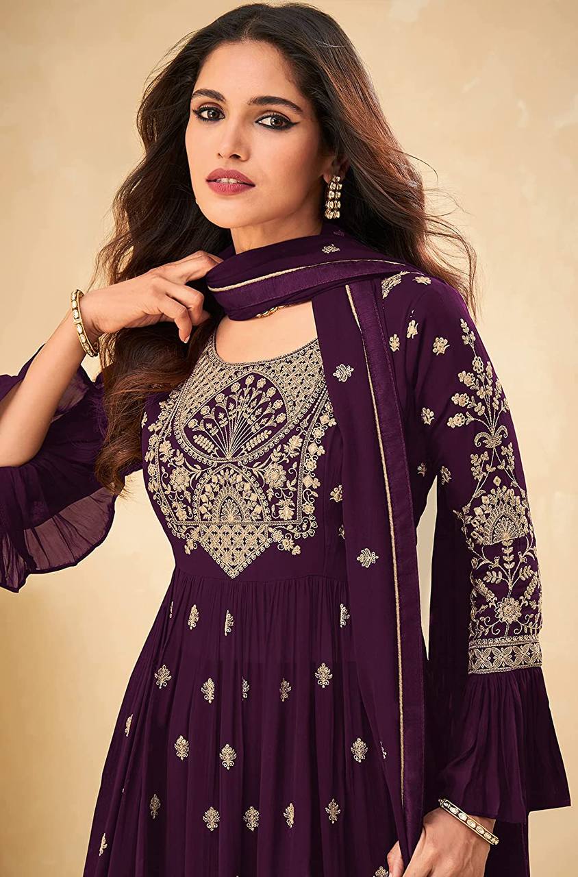 Dark Wine Designer Party Wear Georgette Gown And Georgette Dupatta With Sequence embroidery Work Anarkali Gown Dress For Women