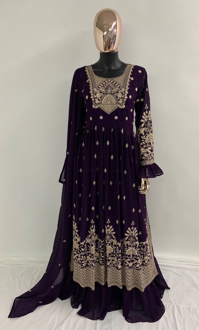 Dark Wine Designer Party Wear Georgette Gown And Georgette Dupatta With Sequence embroidery Work Anarkali Gown Dress For Women