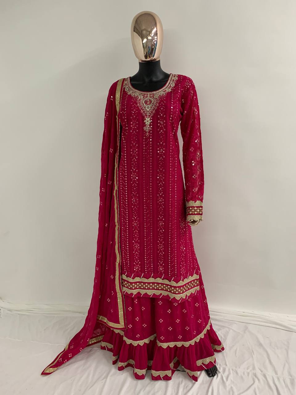 Women's Pink Faux Georgette Stitched Top with Stitched Bottom and Georgette Dupatta Full Sleeve Embroidered Straight Kurta