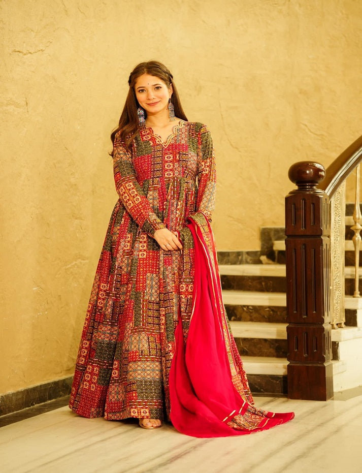 Beautiful Red Colour Heavy Maslin Cotton Digital Print With Gota Patti Lase Work Gown For Womens And Girls