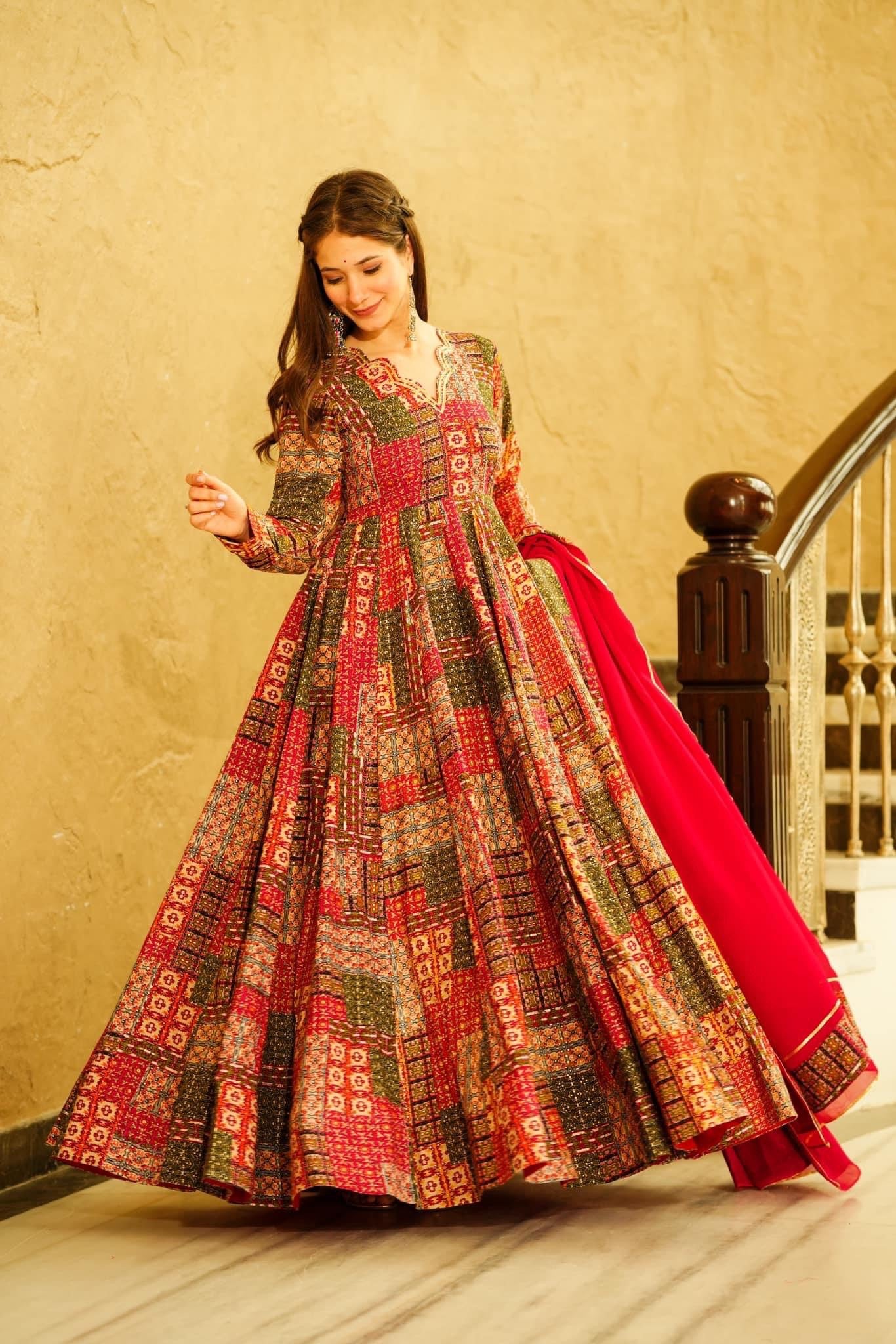 Beautiful Red Colour Heavy Maslin Cotton Digital Print With Gota Patti Lase Work Gown For Womens And Girls