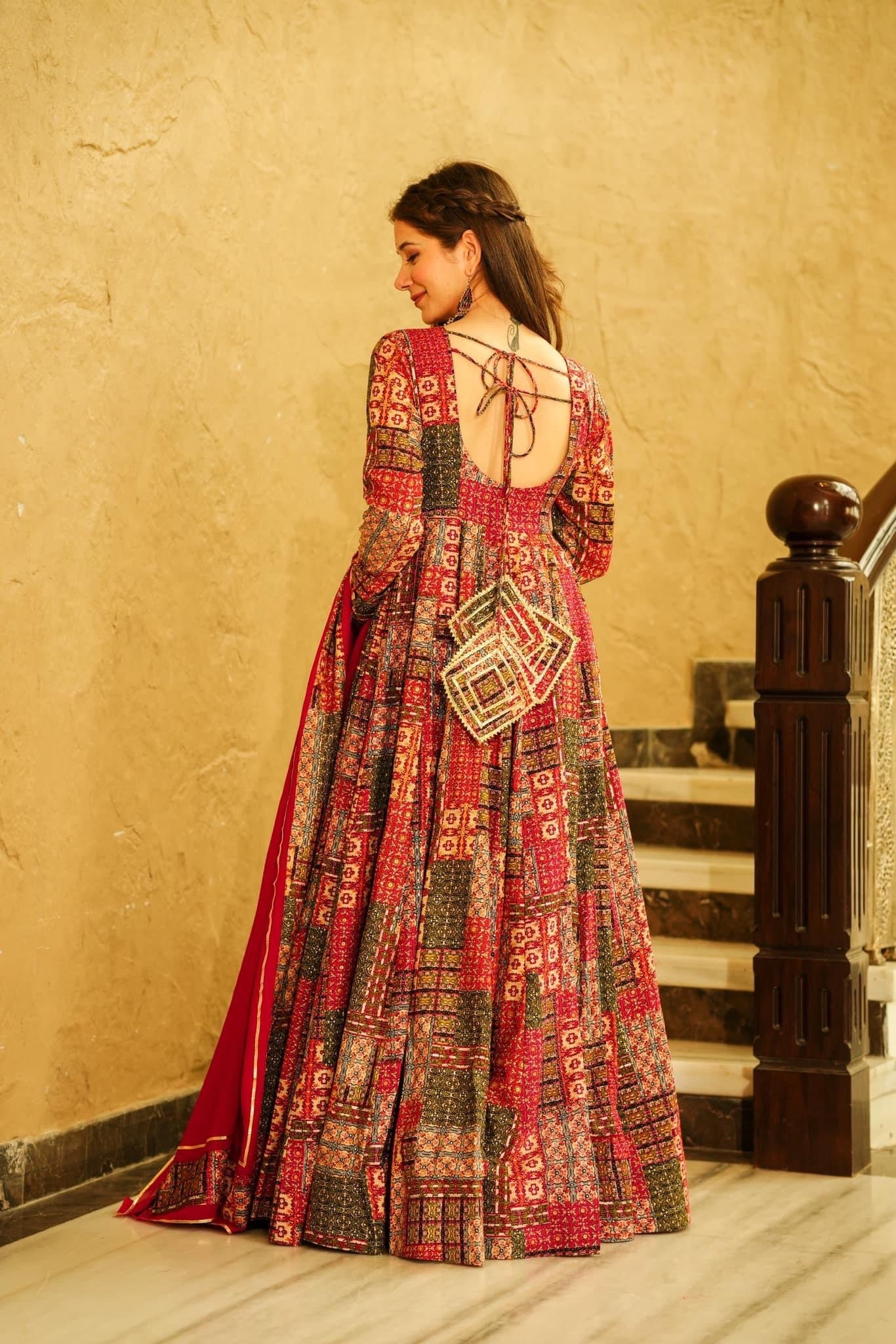 Beautiful Red Colour Heavy Maslin Cotton Digital Print With Gota Patti Lase Work Gown For Womens And Girls