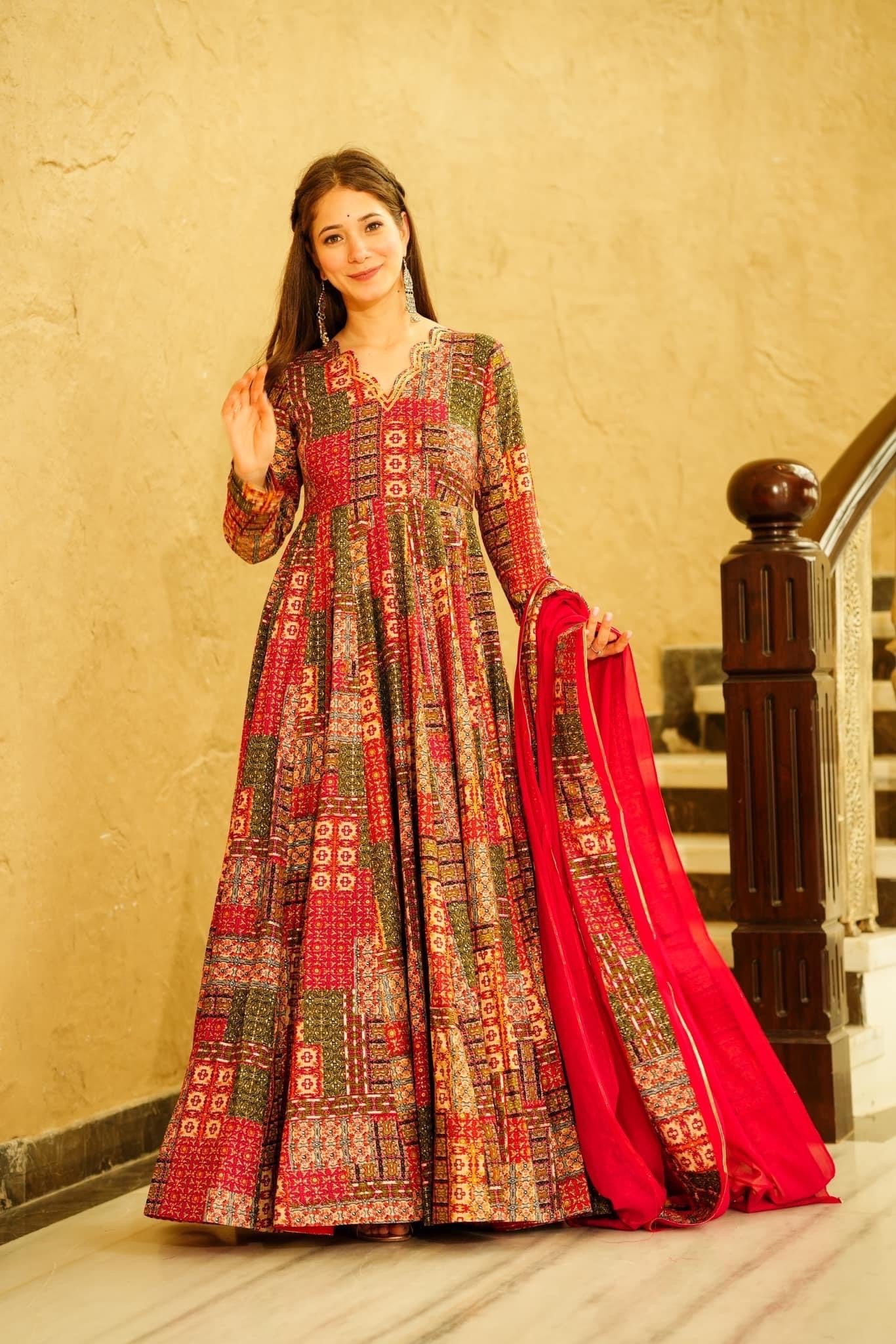 Beautiful Red Colour Heavy Maslin Cotton Digital Print With Gota Patti Lase Work Gown For Womens And Girls