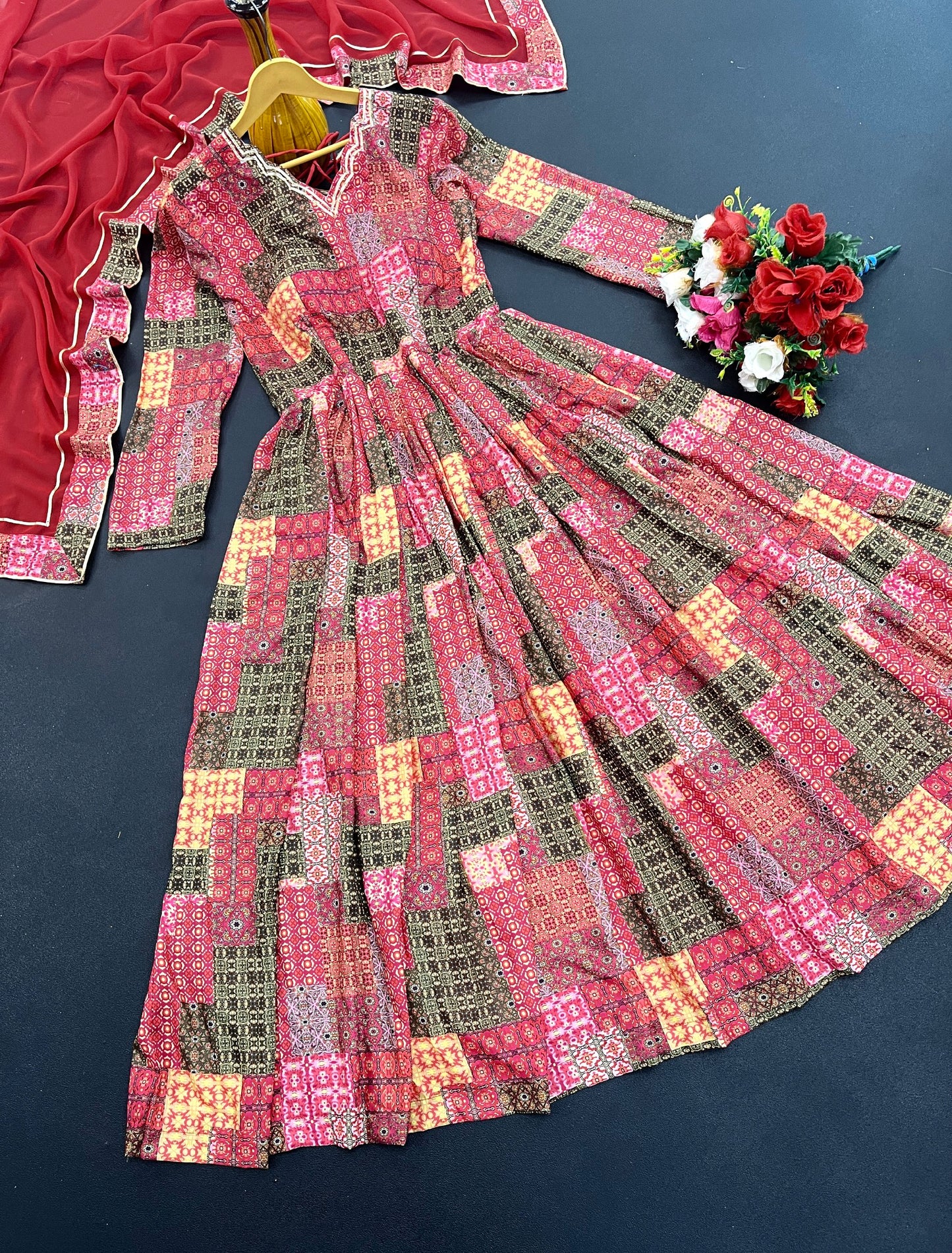 Beautiful Red Colour Heavy Maslin Cotton Digital Print With Gota Patti Lase Work Gown For Womens And Girls