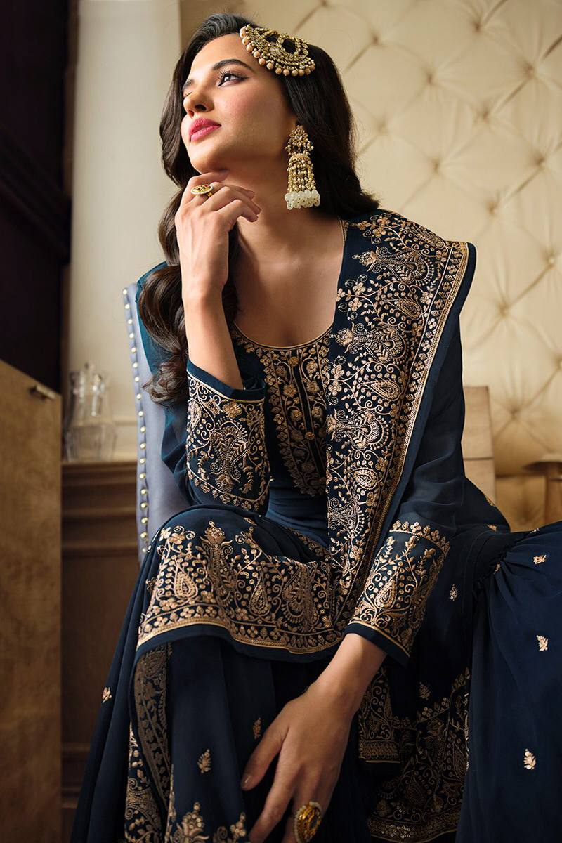 Women's Navy Blue Faux Georgette Stitched Top with Stitched Faux Georgette Bottom and Faux Georgette Dupatta Long Sleeve Embroidered A-line Kurti