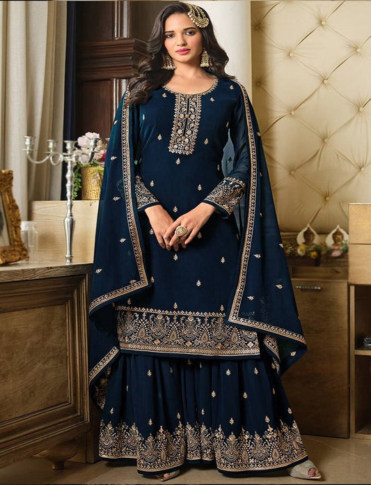 Women's Navy Blue Faux Georgette Stitched Top with Stitched Faux Georgette Bottom and Faux Georgette Dupatta Long Sleeve Embroidered A-line Kurti