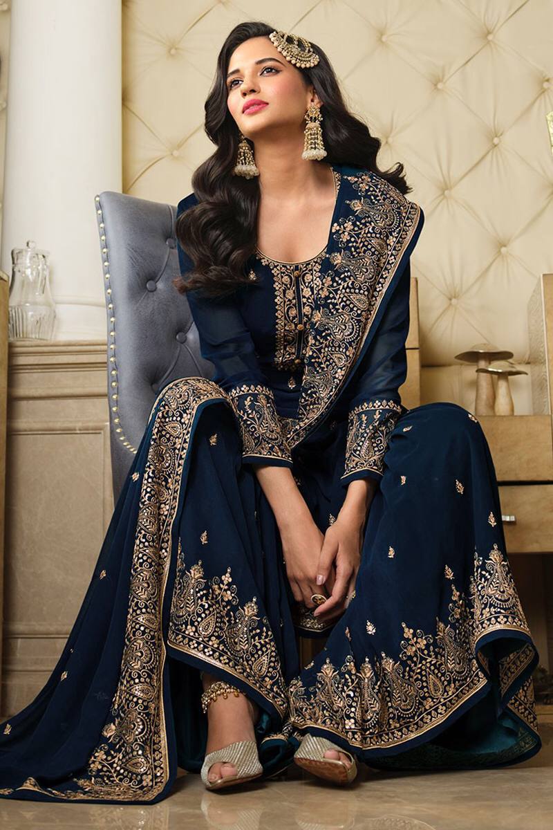 Women's Navy Blue Faux Georgette Stitched Top with Stitched Faux Georgette Bottom and Faux Georgette Dupatta Long Sleeve Embroidered A-line Kurti