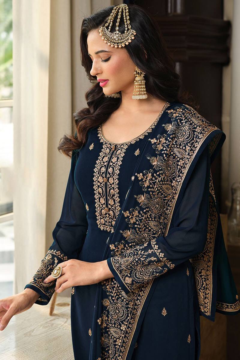 Women's Navy Blue Faux Georgette Stitched Top with Stitched Faux Georgette Bottom and Faux Georgette Dupatta Long Sleeve Embroidered A-line Kurti