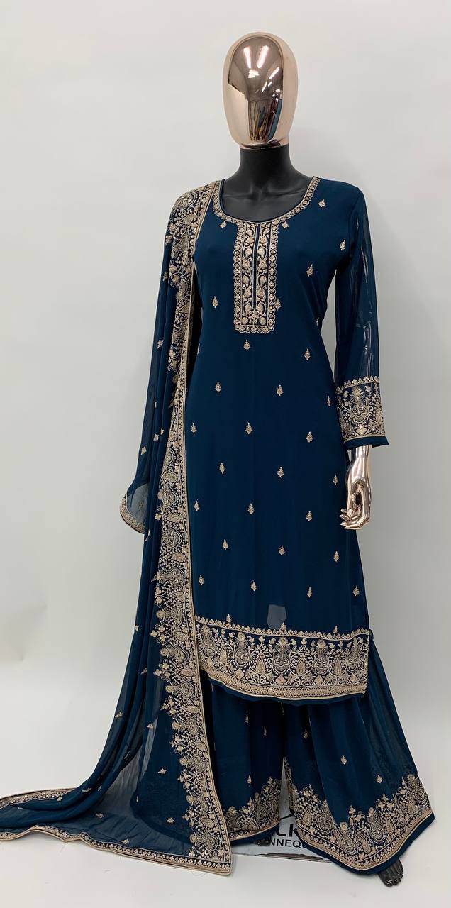 Women's Navy Blue Faux Georgette Stitched Top with Stitched Faux Georgette Bottom and Faux Georgette Dupatta Long Sleeve Embroidered A-line Kurti