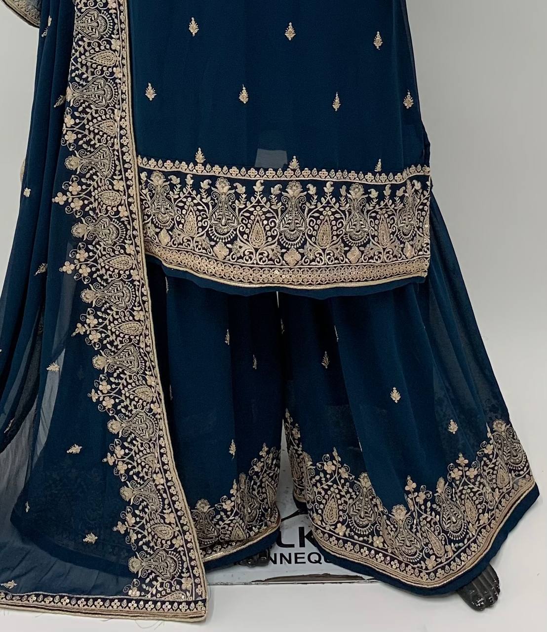 Women's Navy Blue Faux Georgette Stitched Top with Stitched Faux Georgette Bottom and Faux Georgette Dupatta Long Sleeve Embroidered A-line Kurti