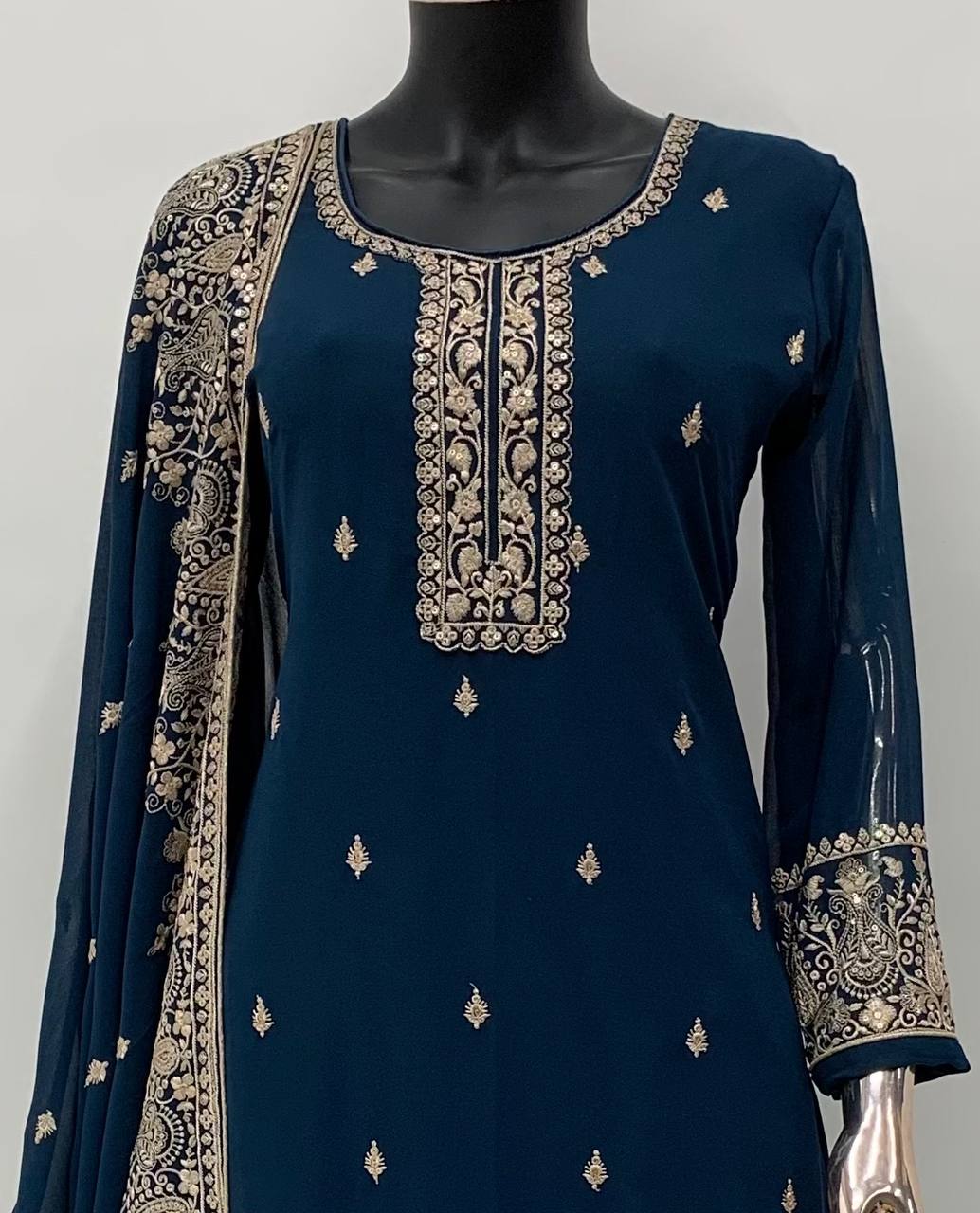 Women's Navy Blue Faux Georgette Stitched Top with Stitched Faux Georgette Bottom and Faux Georgette Dupatta Long Sleeve Embroidered A-line Kurti