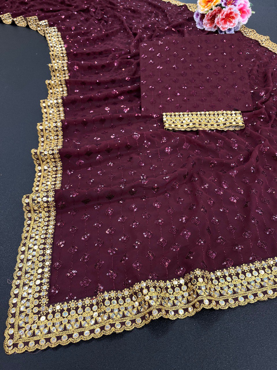 Women’s And Girls Heavy Georgette Fancy Designer Saree With Sequins Multi And Cotton Thread Embroidery Work Dark Wine Color