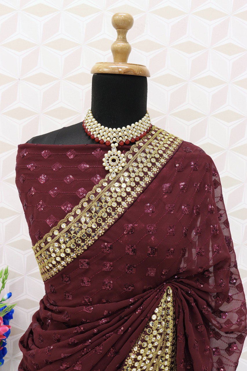 Women’s And Girls Heavy Georgette Fancy Designer Saree With Sequins Multi And Cotton Thread Embroidery Work Dark Wine Color