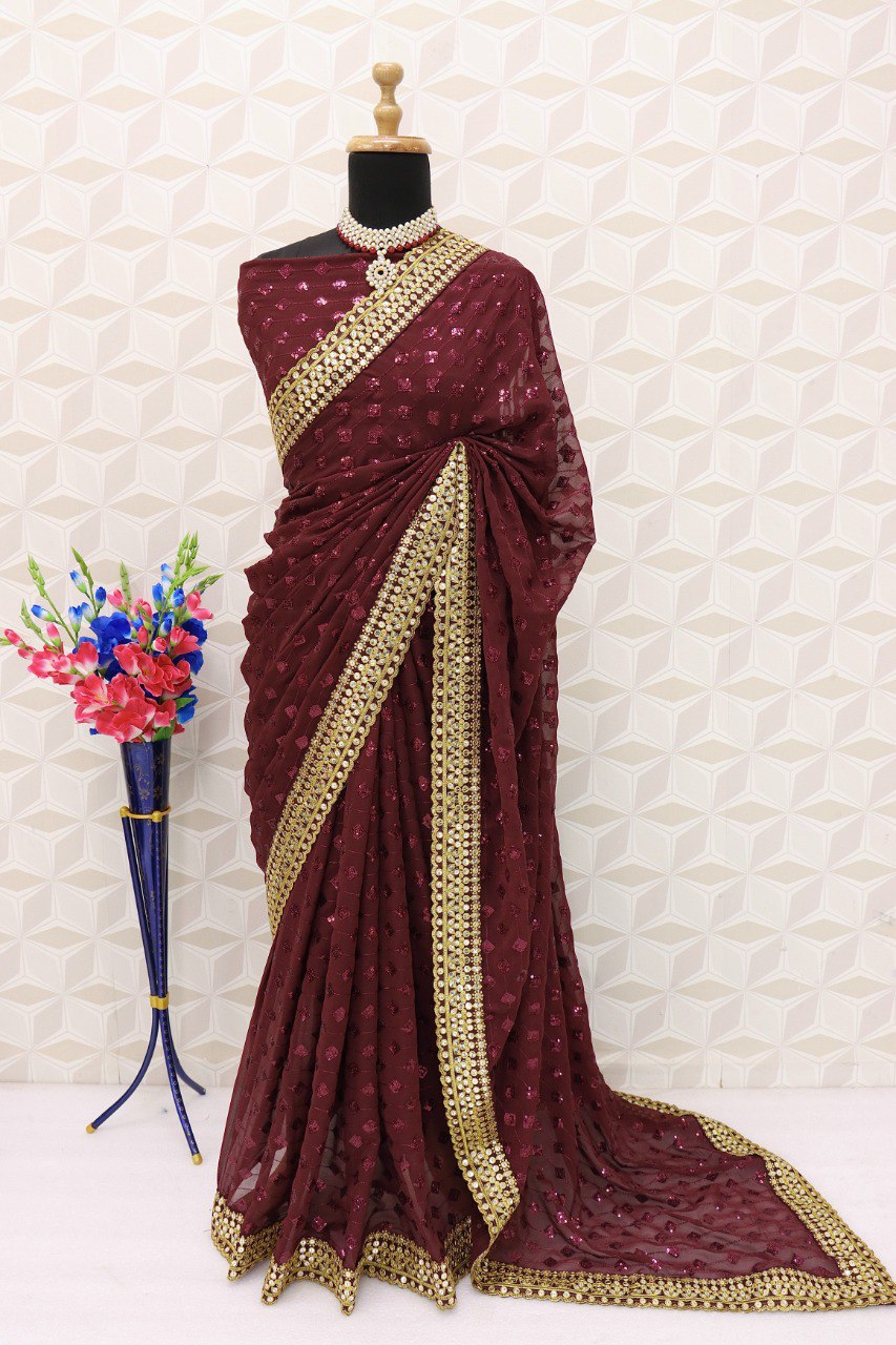 Women’s And Girls Heavy Georgette Fancy Designer Saree With Sequins Multi And Cotton Thread Embroidery Work Dark Wine Color