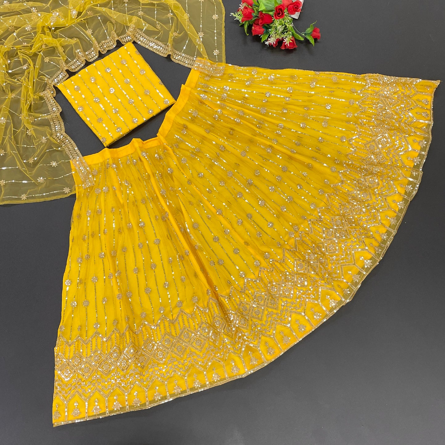 Yellow Coloured Sequence Work Butterfly Net Lehenga Choli