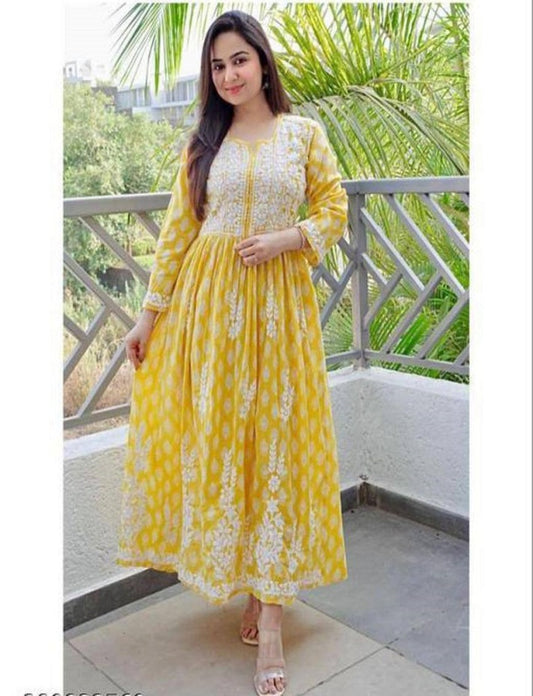 Yellow & Pink colour Cotoon chikankari work upcoming fastiveal wear kurti for woman and girls.