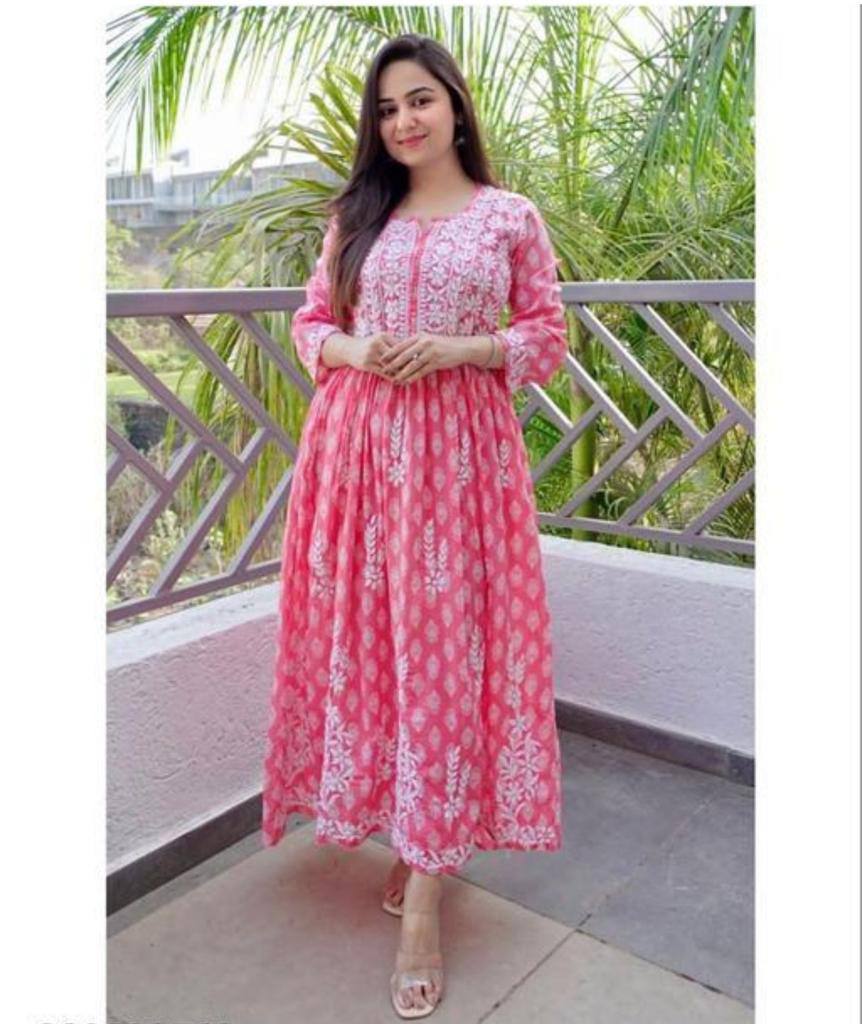 Yellow & Pink colour Cotoon chikankari work upcoming fastiveal wear kurti for woman and girls.