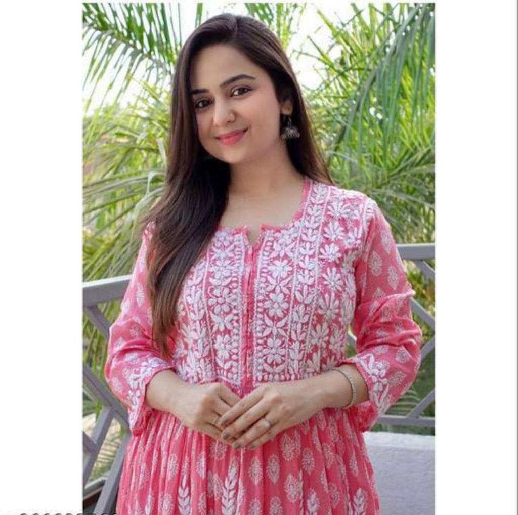 Yellow & Pink colour Cotoon chikankari work upcoming fastiveal wear kurti for woman and girls.