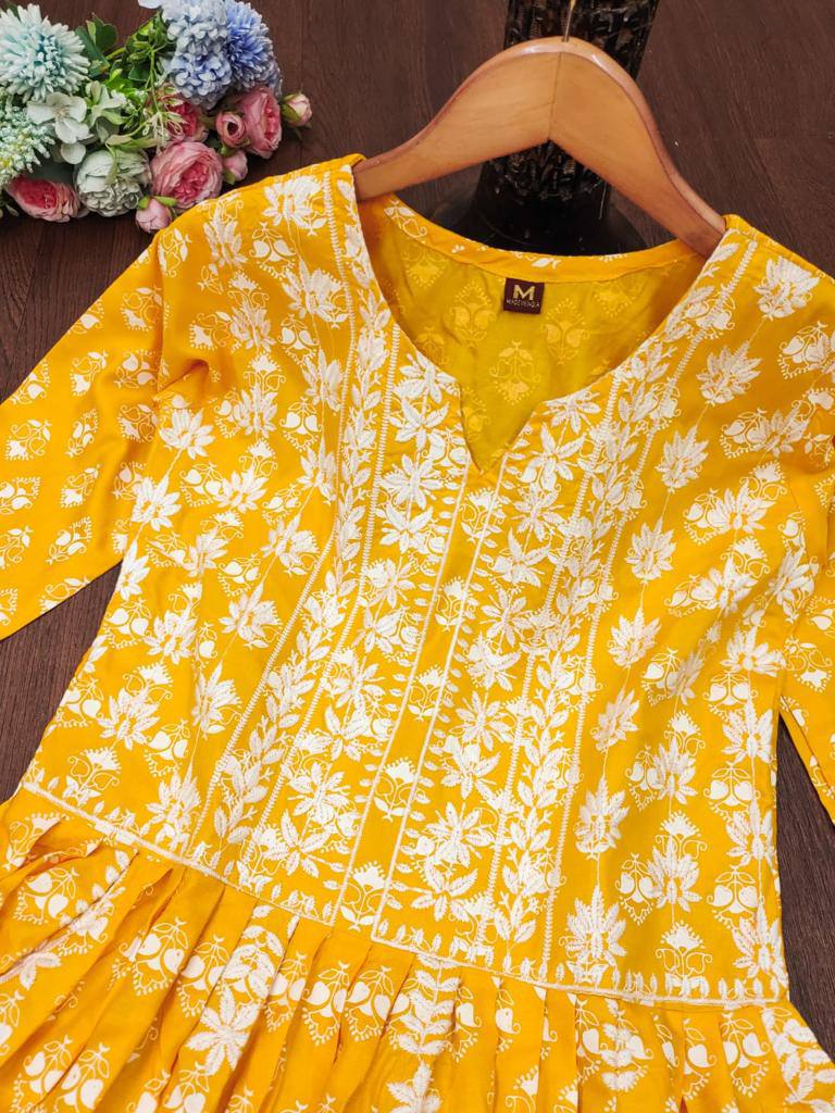 Yellow & Pink colour Cotoon chikankari work upcoming fastiveal wear kurti for woman and girls.