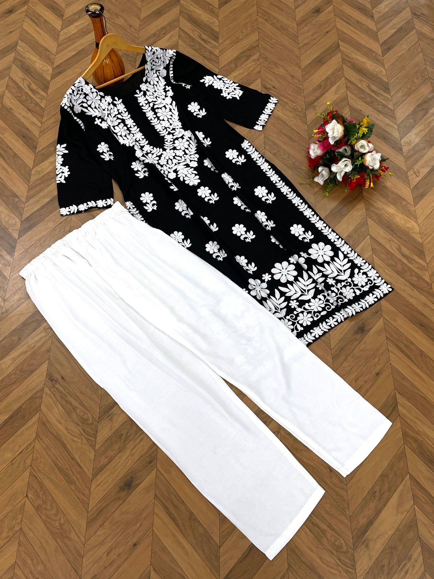 Women's Black Regular Fit Chain Stitch Work Cotton Kurti Top and Pant Set