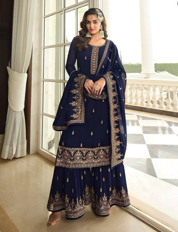 Nevy Blue Heavy Faux Georgette With Embroidery And Sequence Work Sharara Plazzo Suit For Womens