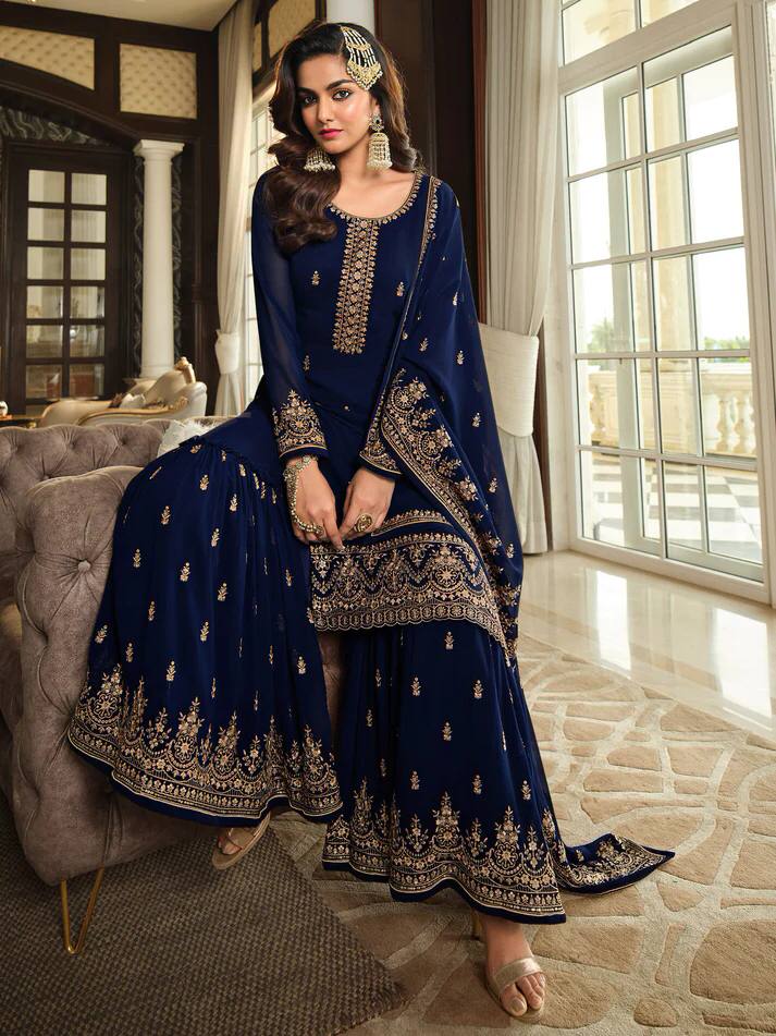 Nevy Blue Heavy Faux Georgette With Embroidery And Sequence Work Sharara Plazzo Suit For Womens