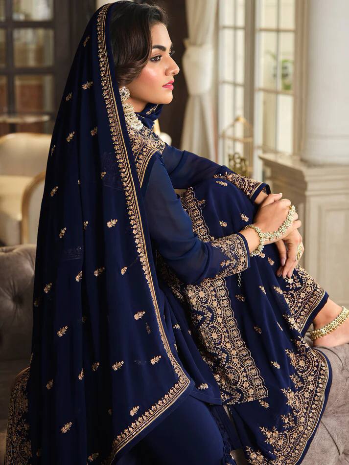 Nevy Blue Heavy Faux Georgette With Embroidery And Sequence Work Sharara Plazzo Suit For Womens