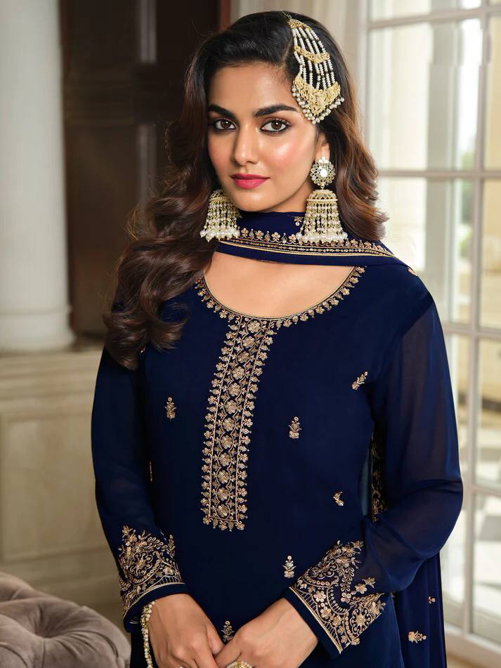 Nevy Blue Heavy Faux Georgette With Embroidery And Sequence Work Sharara Plazzo Suit For Womens