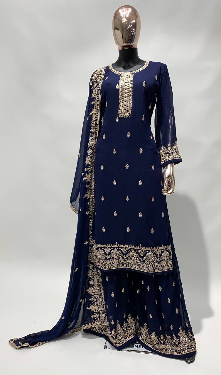 Nevy Blue Heavy Faux Georgette With Embroidery And Sequence Work Sharara Plazzo Suit For Womens