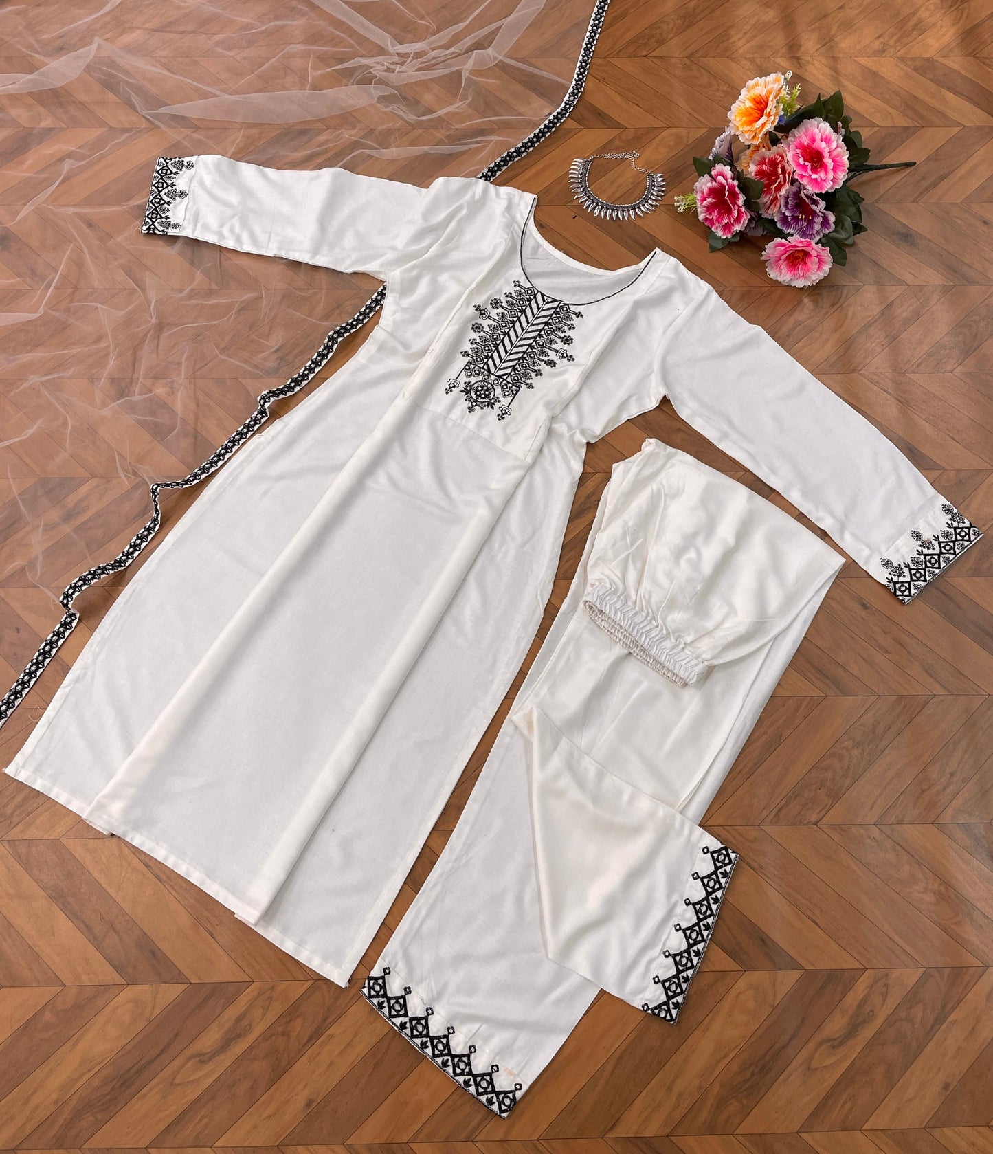 Women's White Embroidery Rayon Blend Ethnic Wear 3/4 Sleeve Round Neck Latest Kurti Pant & Dupatta