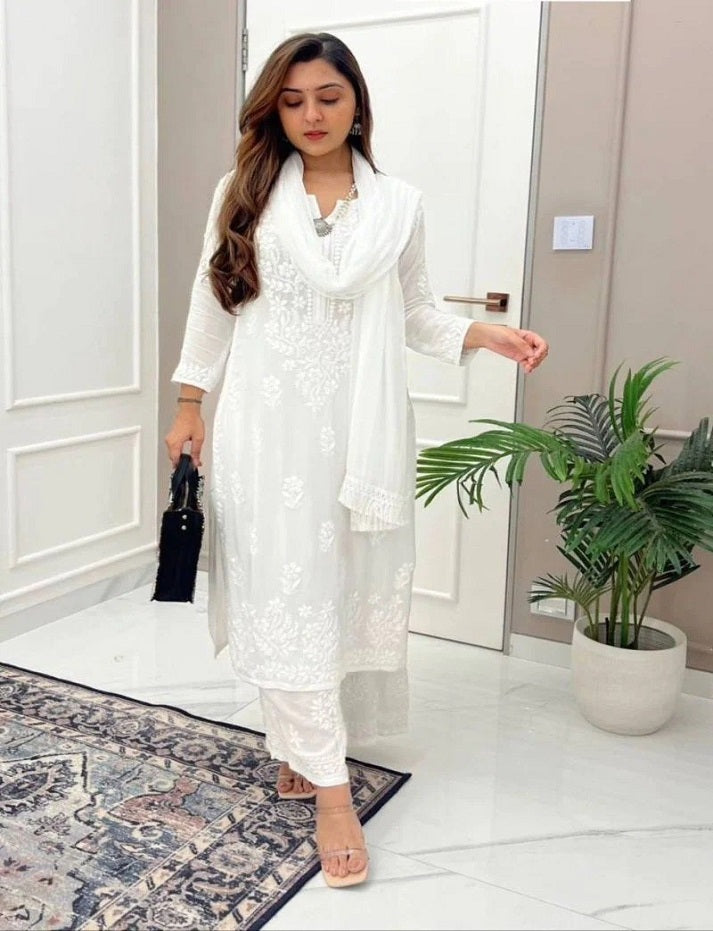 Salwar Kameez Indian Designer White Heavy Georgette Partywear Kurta Sharara set with sequence thread zari work