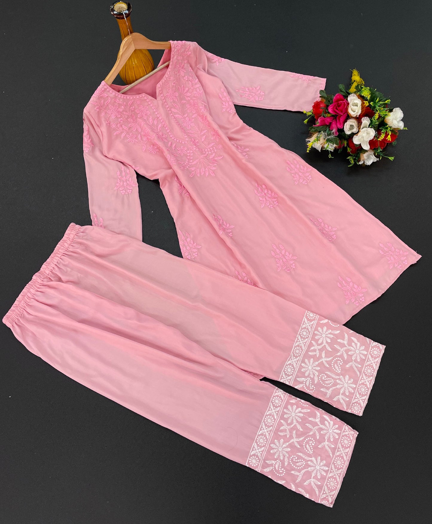 Pink Luxurious Chicken Kari Embroidery Maska Silk Kurti and Pant Set For Womens