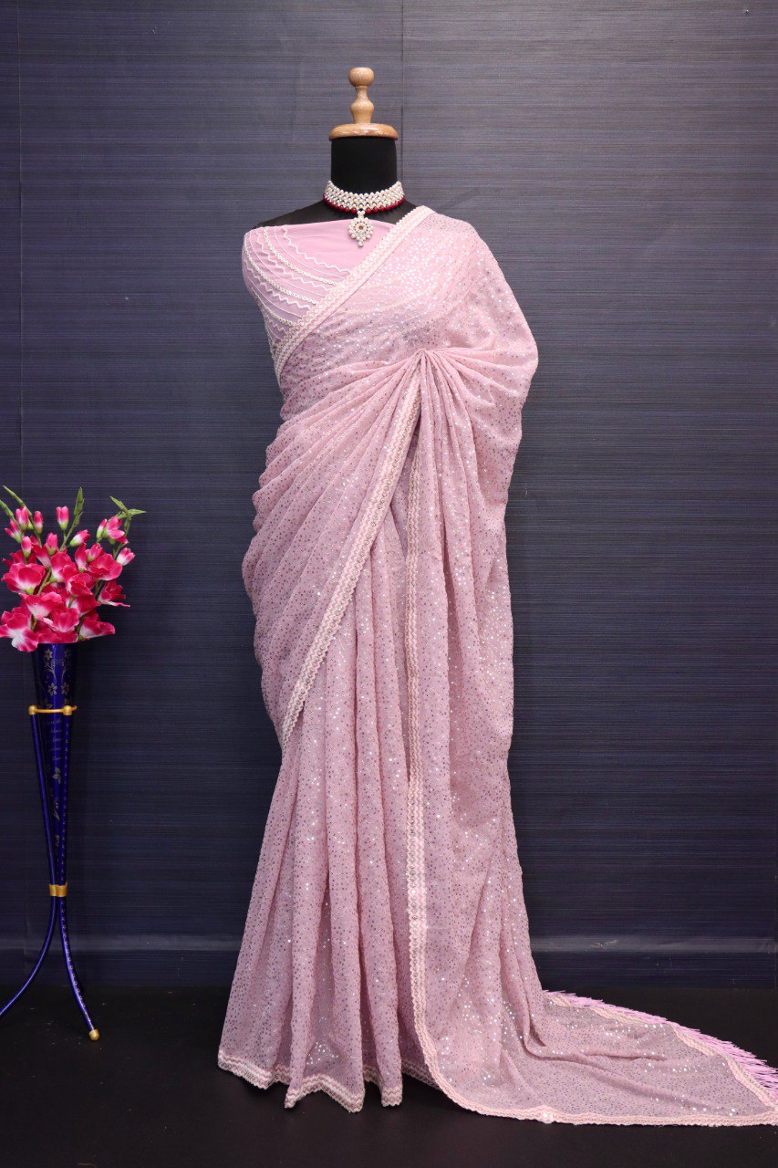 womens Baby Pink regular fit solid embroided desginer cotton georgette marriage function & formal casual wear Saree