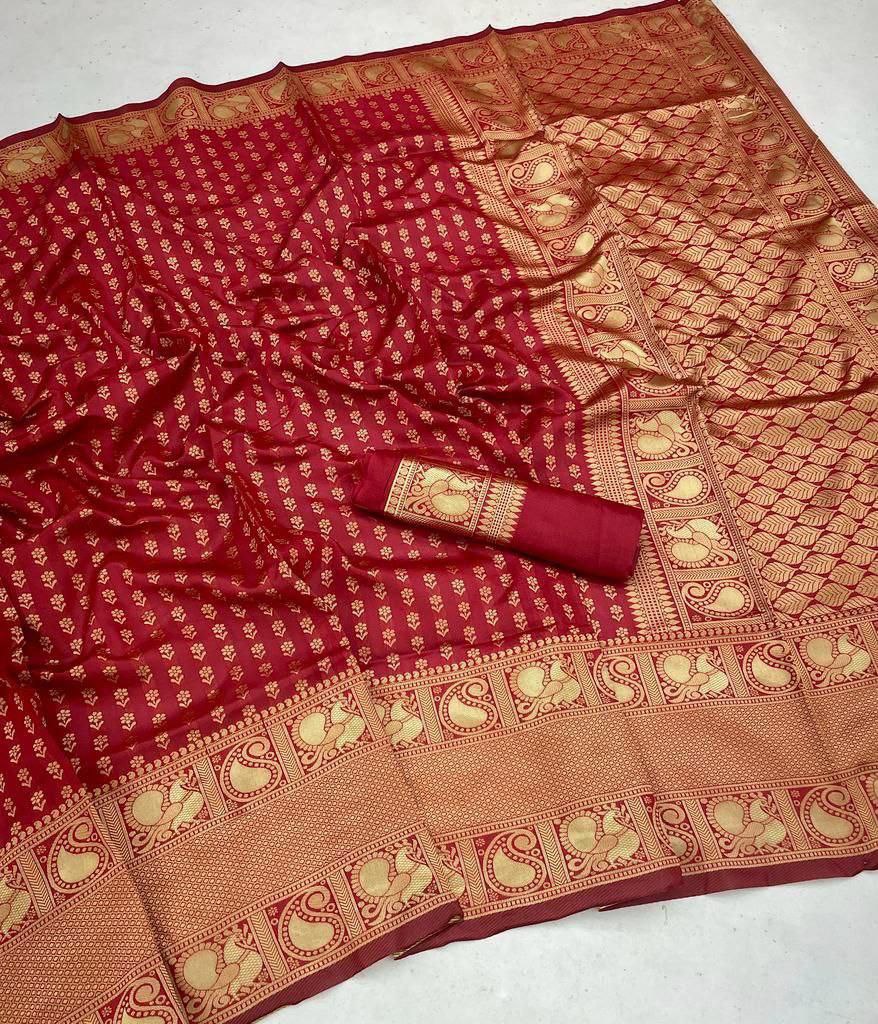 Women's Red Kanjivaram Soft Silk Banarasi Saree With Unstitched Blouse Piece