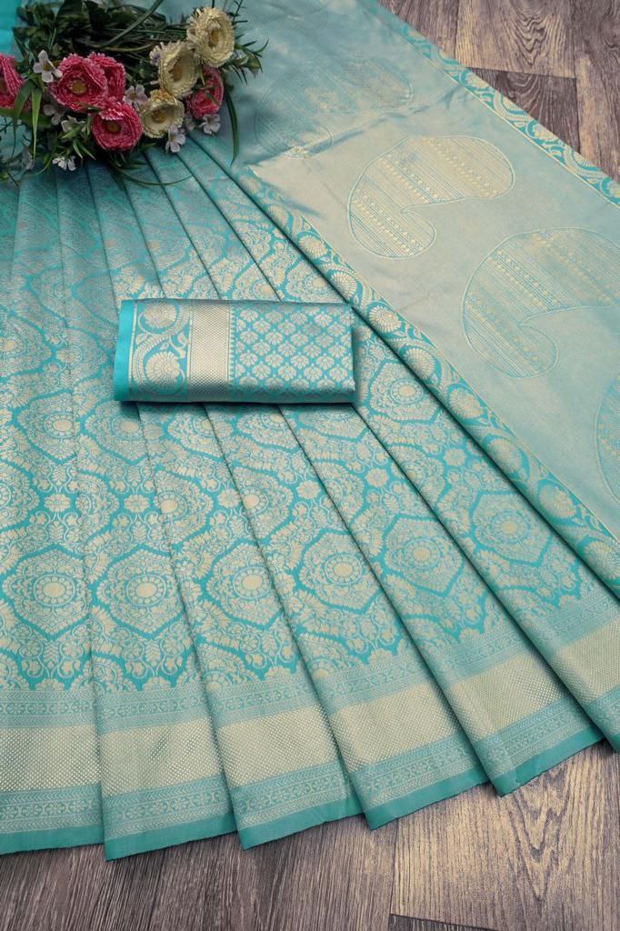 Women's Sky Color Kanchipuram Banarasi Lichi Silk Kanjivaram Saree With Plain Unstitched Blouse